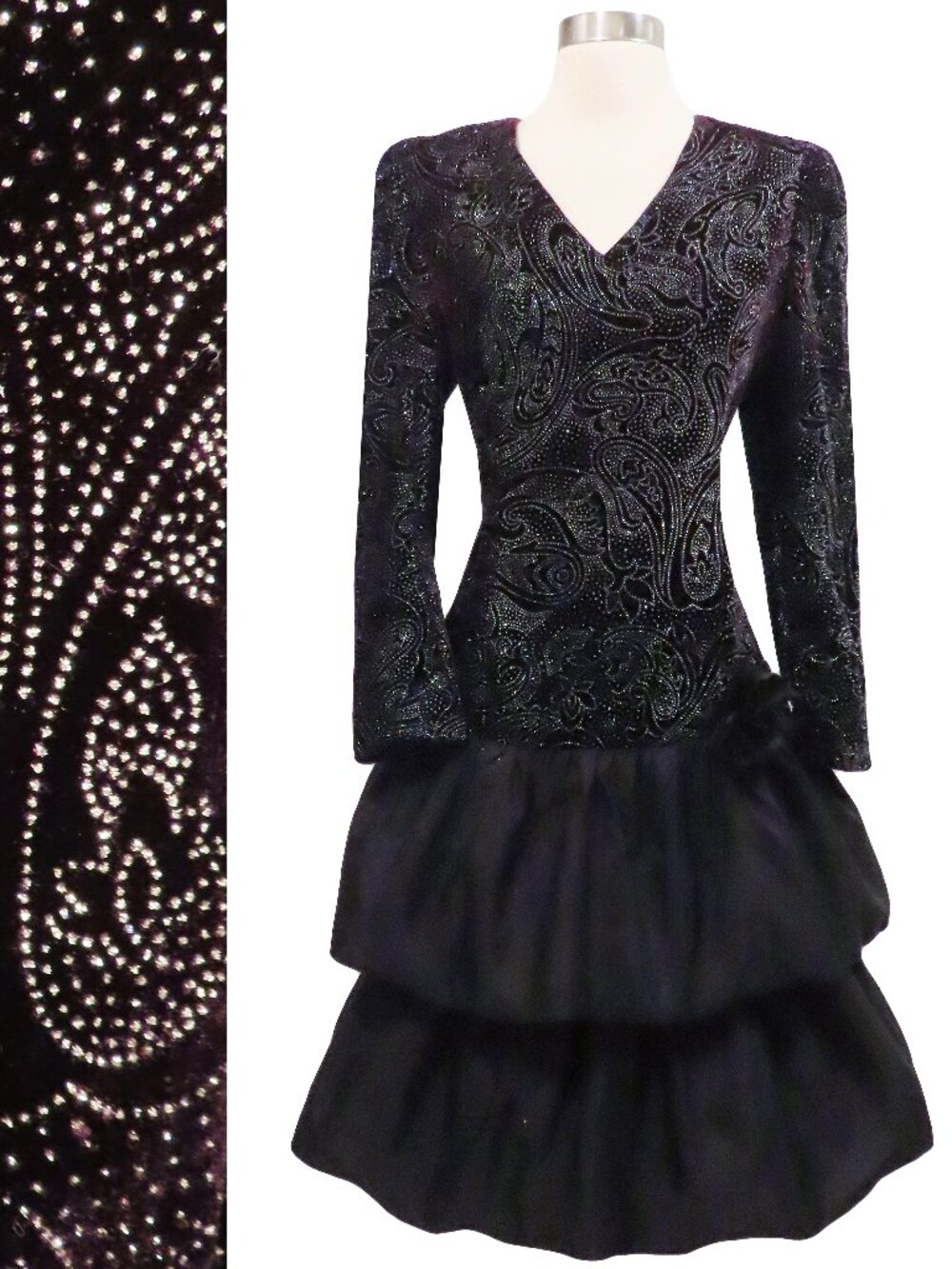 Vintage 80s Black Burgundy Glitter Taffeta Tiered Long Sleeve Party Dress L Lg